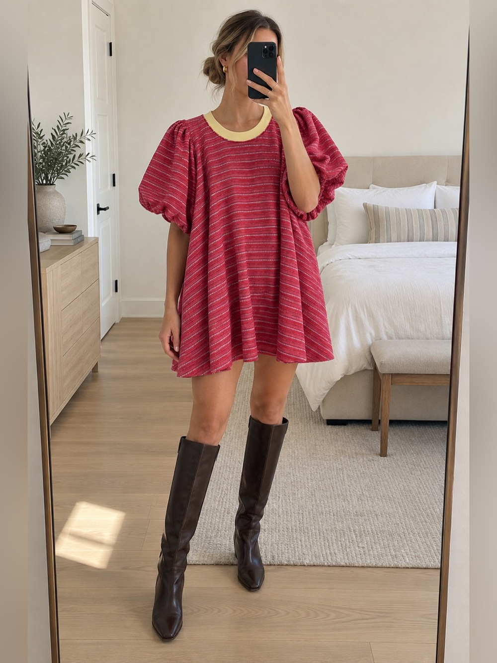 Free People Hudson Pullover Red Combo Puff Sleeve Mini Dress Tunic XS